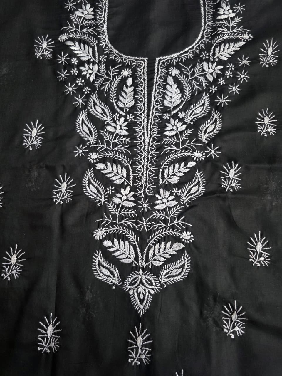Black kurta fabric with white chikankari work