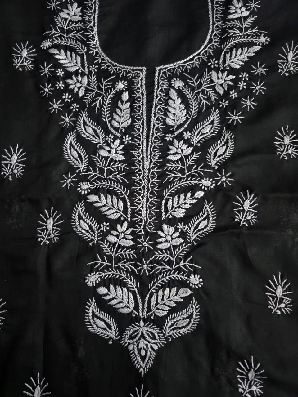 Black kurta fabric with white chikankari work