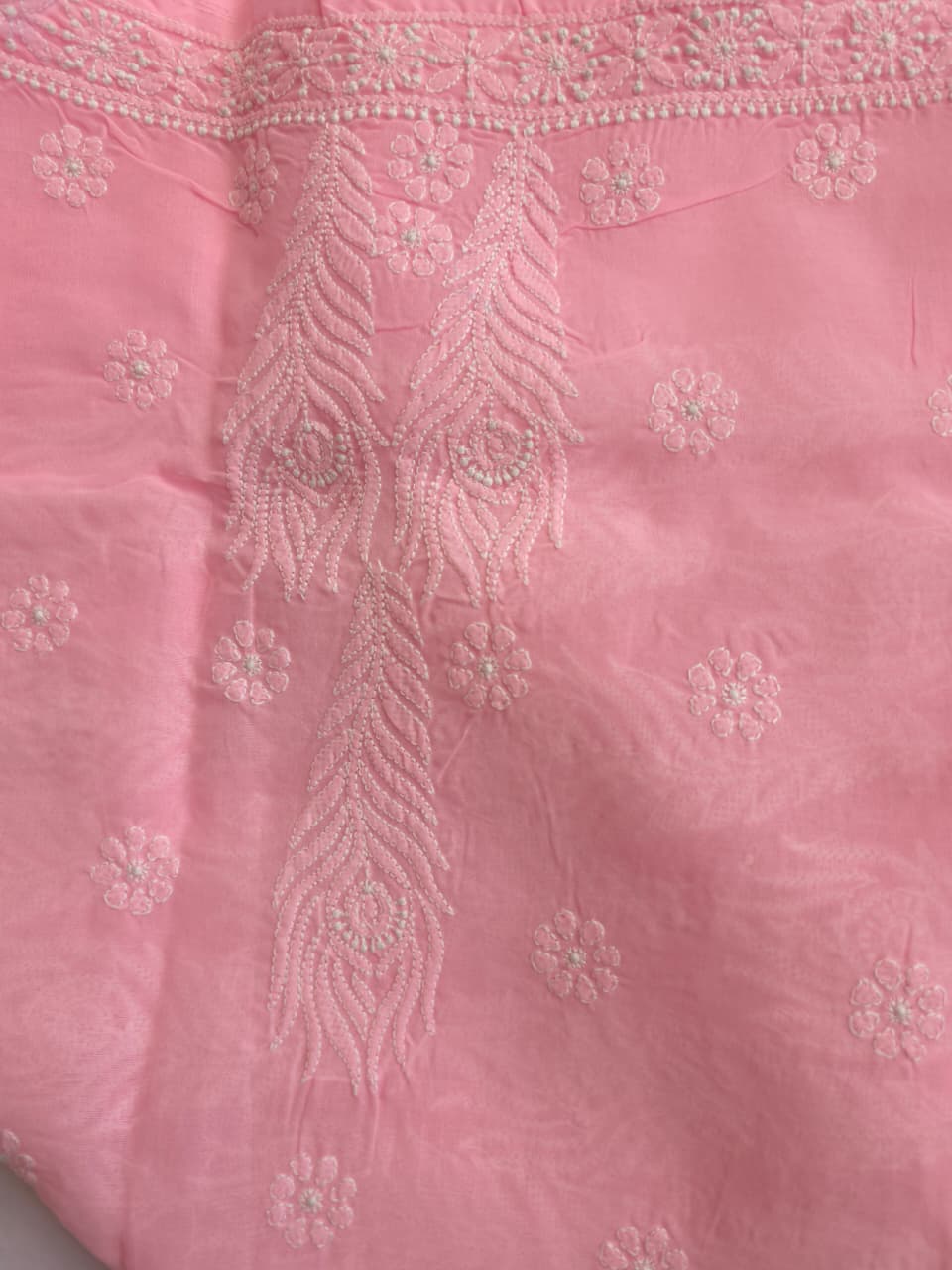 Pink cotton kurta fabric with intricate Jaalwork