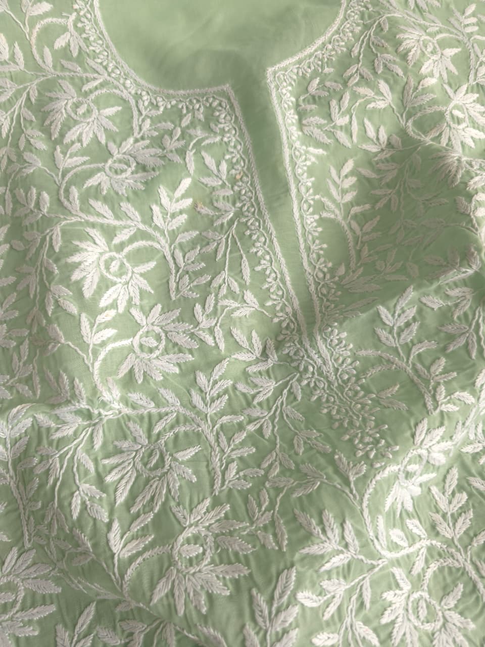 Sage green Kurta fabric with beautiful Handmade jaalwork