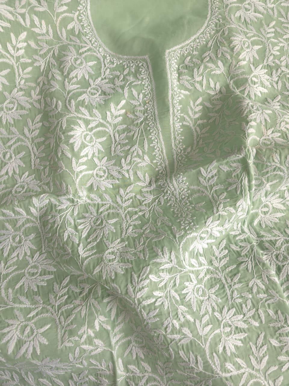 Sage green Kurta fabric with beautiful Handmade jaalwork
