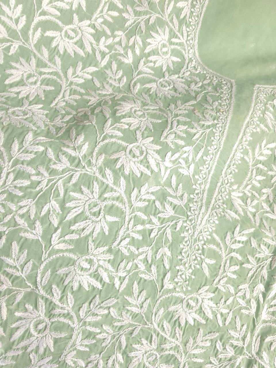 Sage green Kurta fabric with beautiful Handmade jaalwork