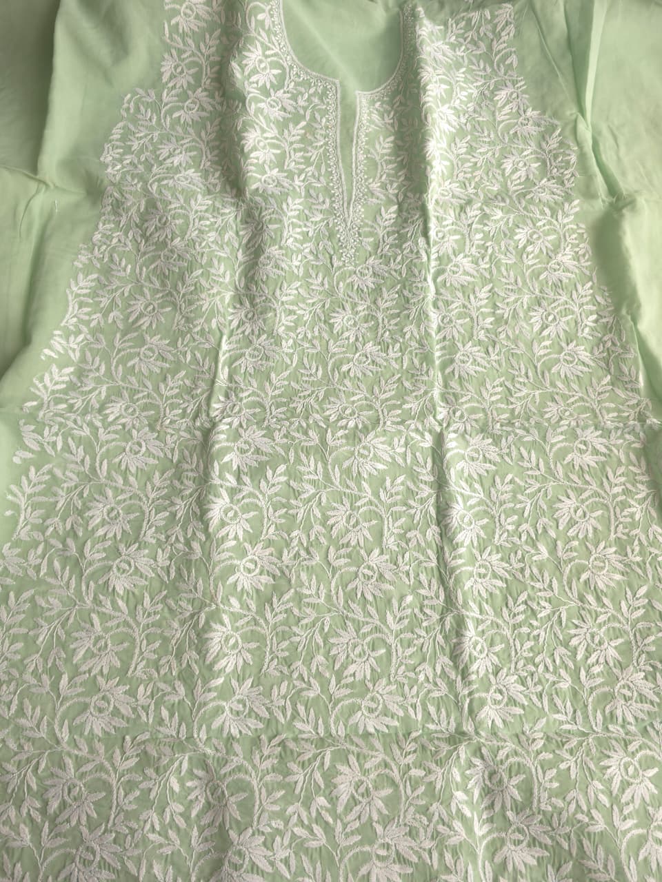 Sage green Kurta fabric with beautiful Handmade jaalwork