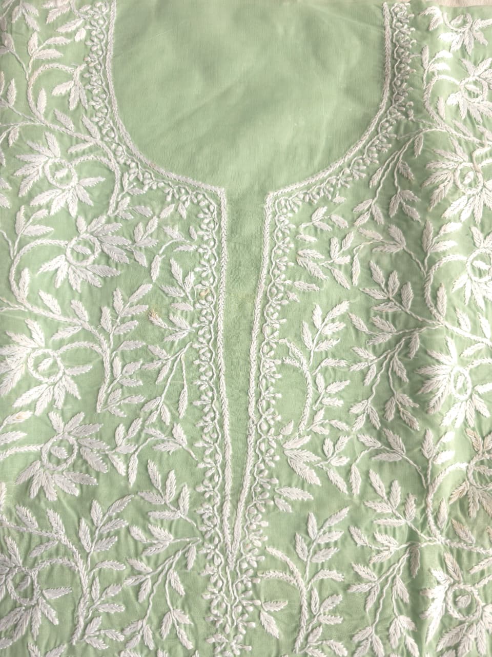 Sage green Kurta fabric with beautiful Handmade jaalwork