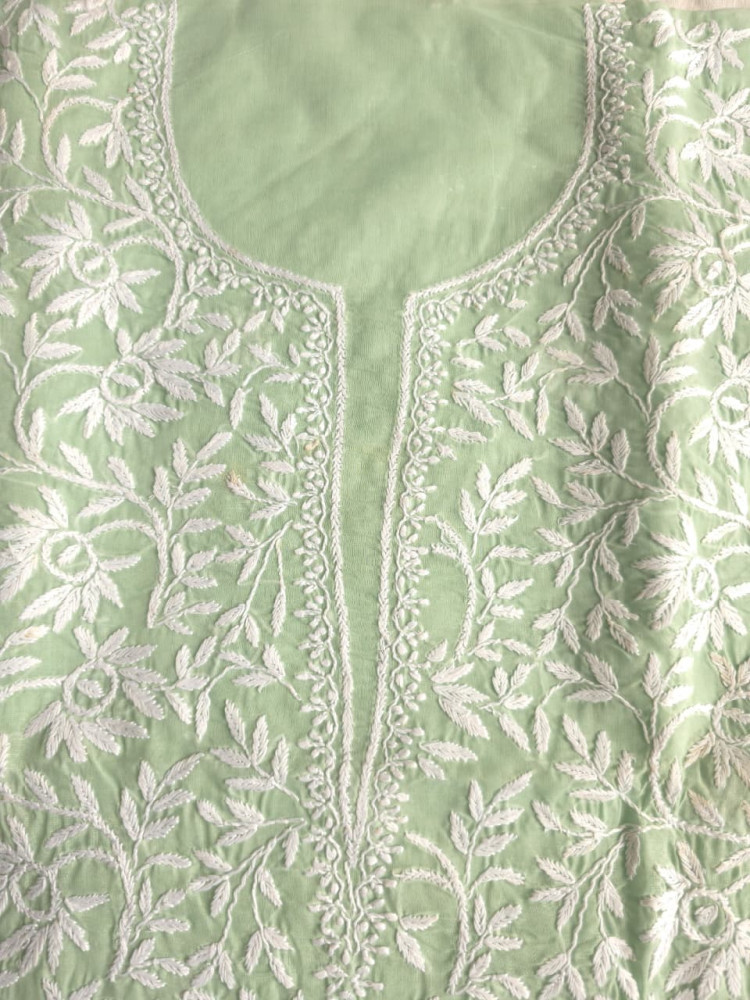 Image of Sage green Kurta fabric with beautiful Handmade jaalwork