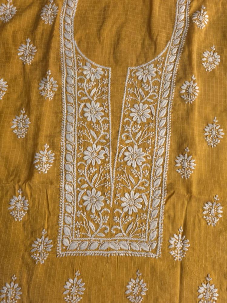 Image of Mustard Color Pure cotton Kurta fabric with beautiful handwork