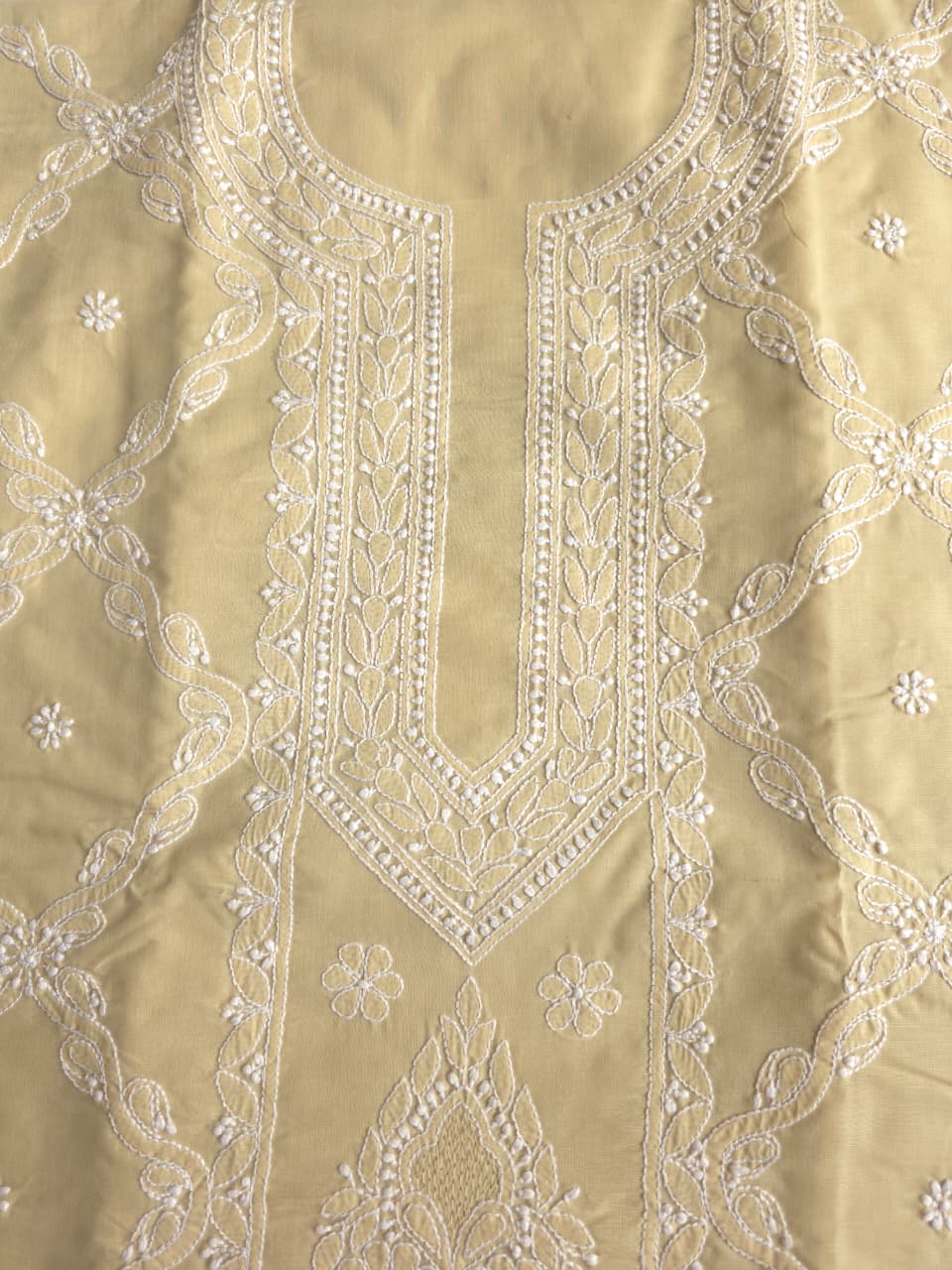Beige Cotton fine handwork full set with chiffon dupatta