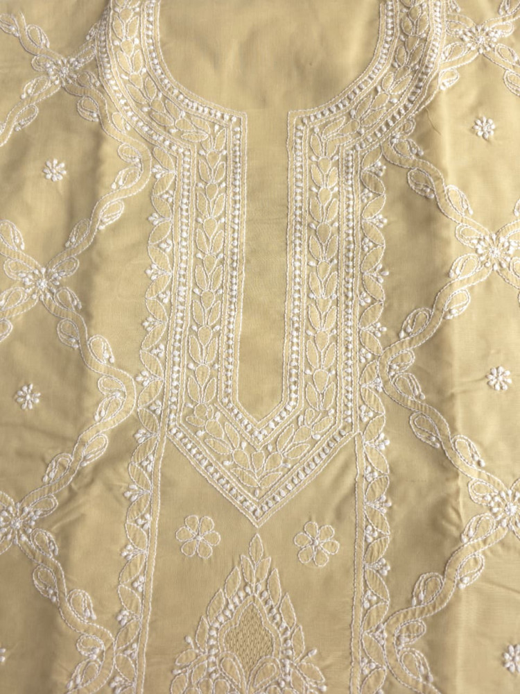Image of Beige Cotton fine handwork full set with chiffon dupatta