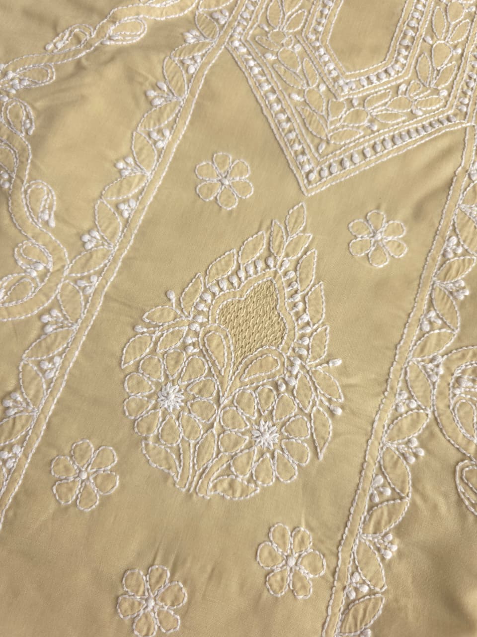 Beige Cotton fine handwork full set with chiffon dupatta