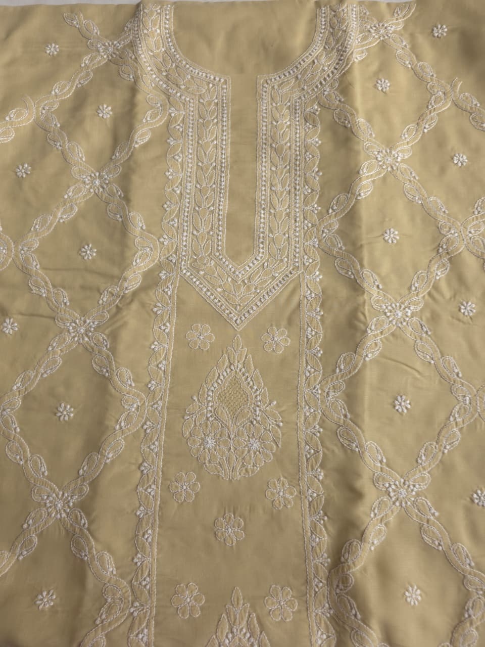 Beige Cotton fine handwork full set with chiffon dupatta