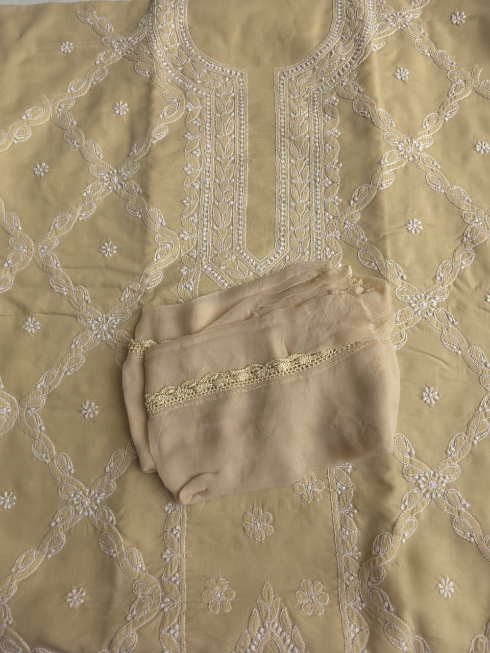 Beige Cotton fine handwork full set with chiffon dupatta