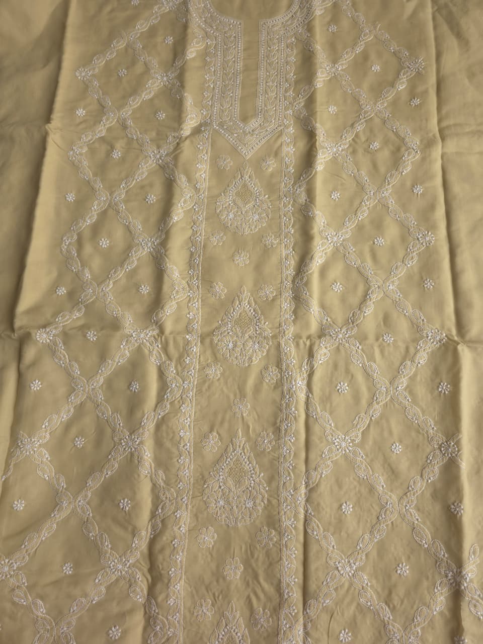 Beige Cotton fine handwork full set with chiffon dupatta