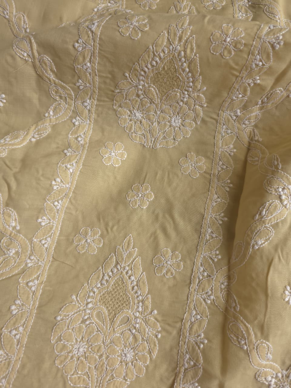 Beige Cotton fine handwork full set with chiffon dupatta