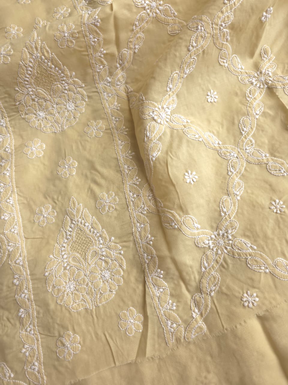 Beige Cotton fine handwork full set with chiffon dupatta