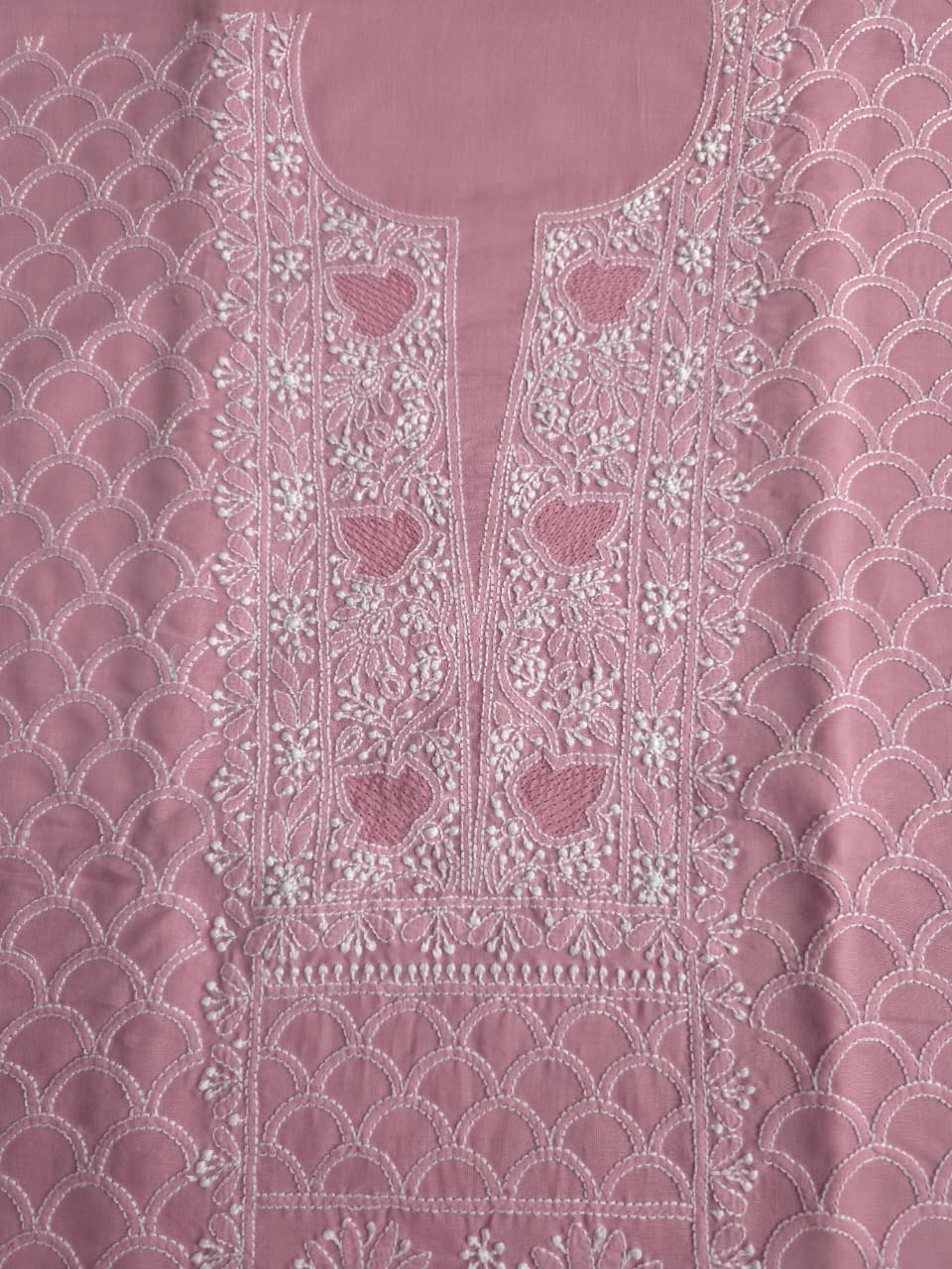 Dusty Rose Gold Cotton fine handwork full set with Chiffon dupatta