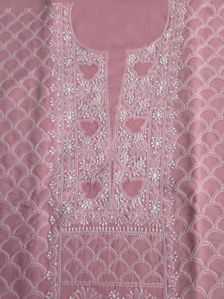 Image of Dusty Rose Gold Cotton fine handwork full set with Chiffon dupatta
