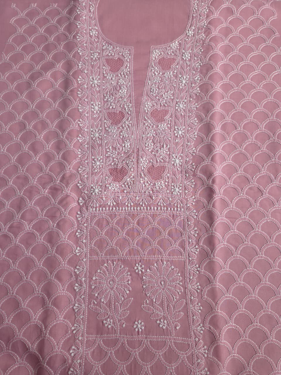 Dusty Rose Gold Cotton fine handwork full set with Chiffon dupatta