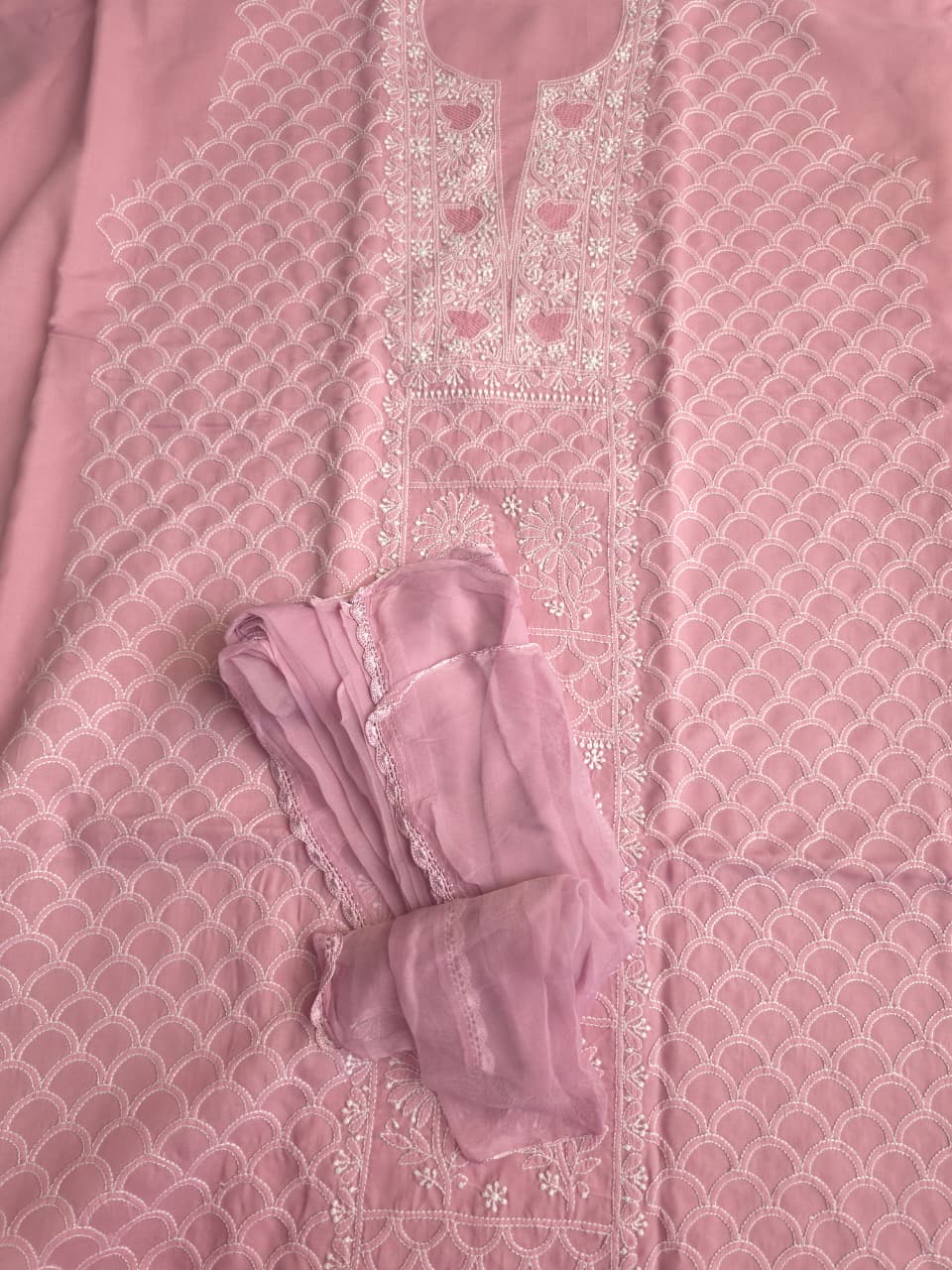 Dusty Rose Gold Cotton fine handwork full set with Chiffon dupatta