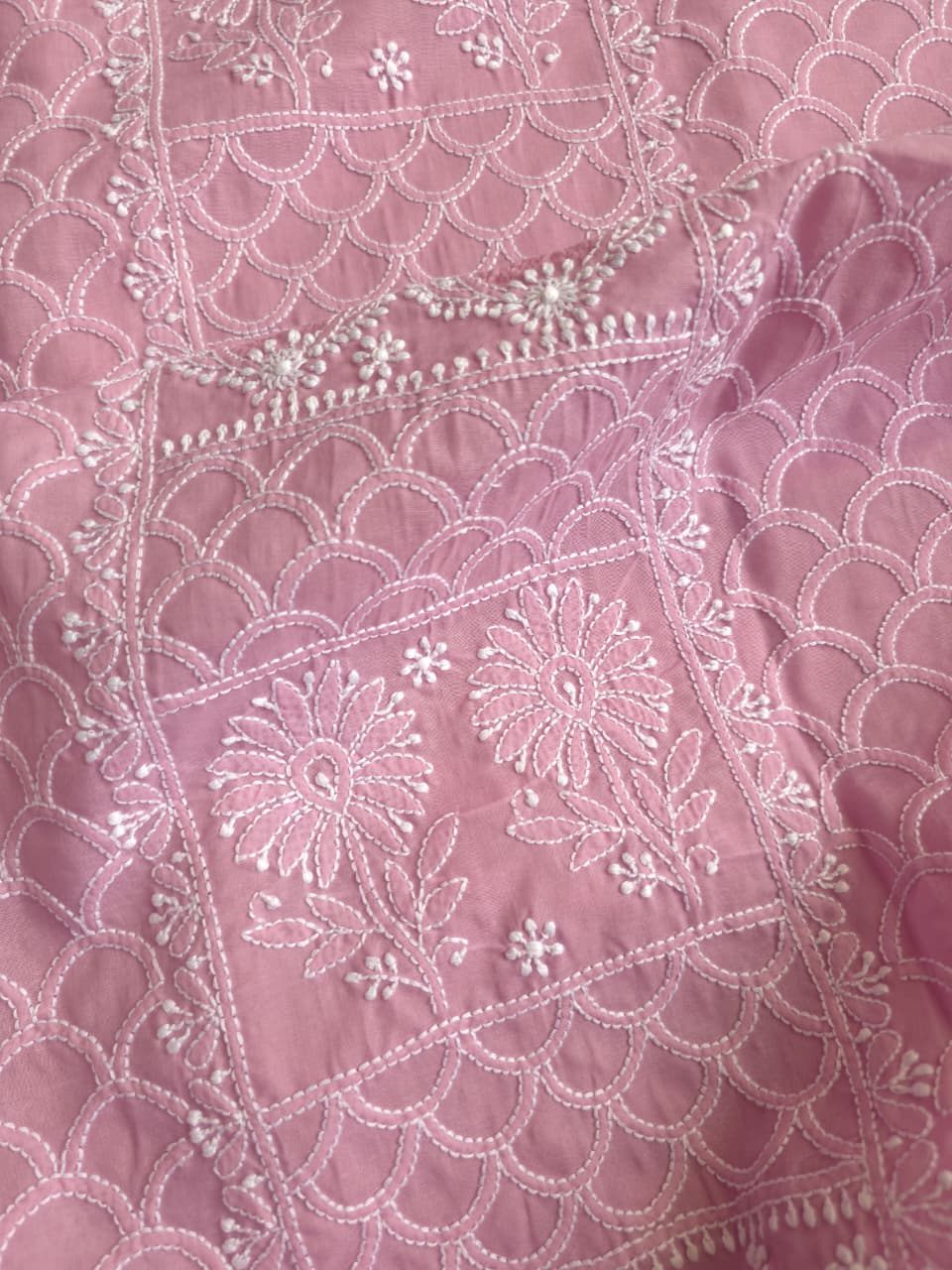 Dusty Rose Gold Cotton fine handwork full set with Chiffon dupatta