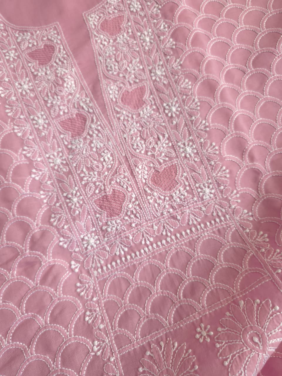 Dusty Rose Gold Cotton fine handwork full set with Chiffon dupatta