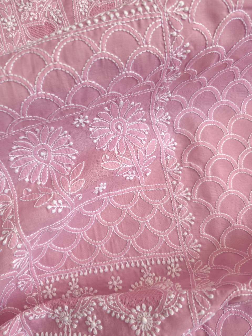 Dusty Rose Gold Cotton fine handwork full set with Chiffon dupatta
