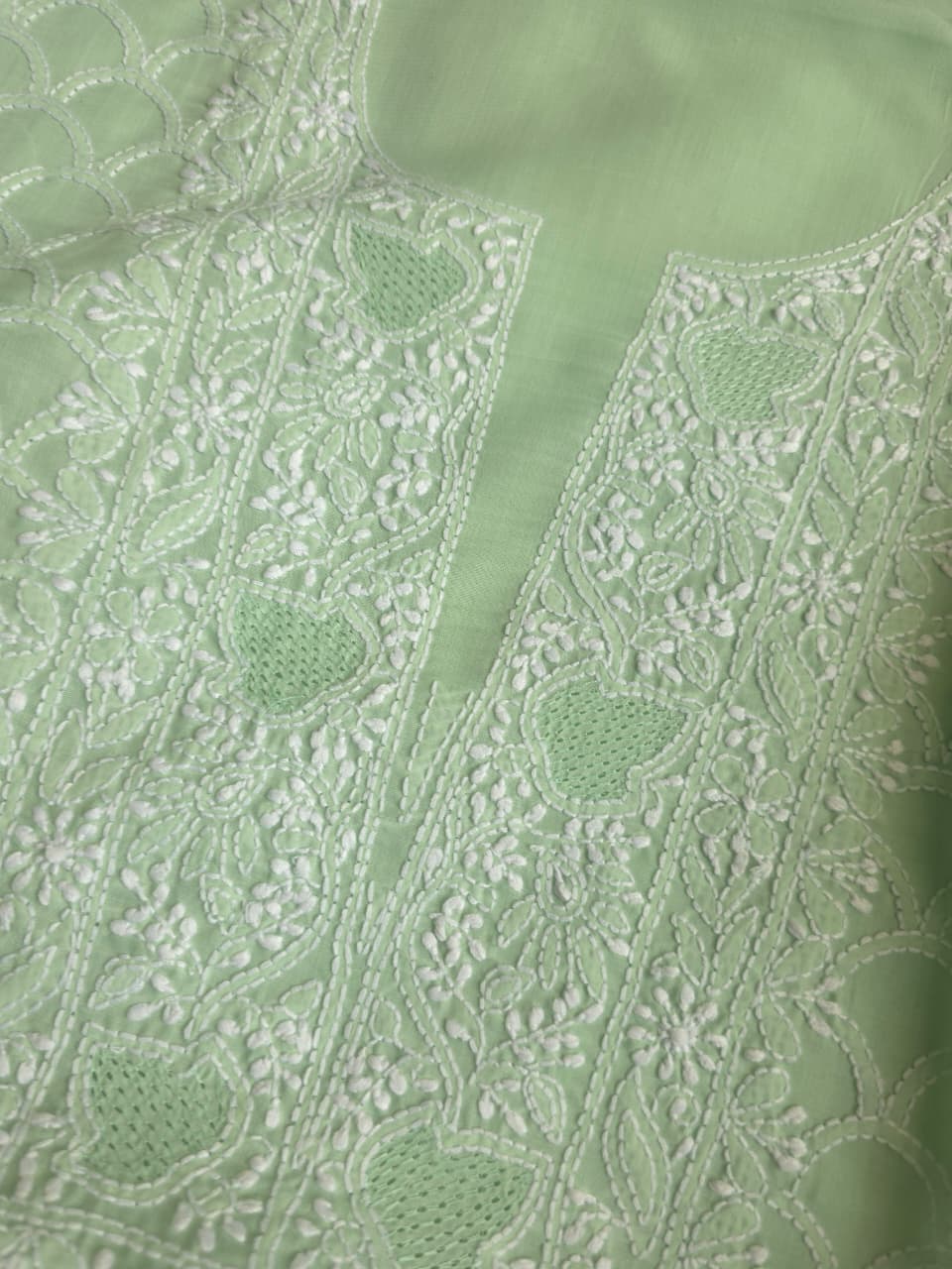 Sage Green Cotton fine handwork full set with Chiffon dupatta
