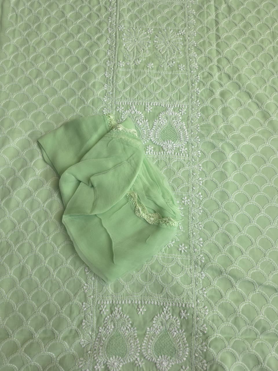 Sage Green Cotton fine handwork full set with Chiffon dupatta