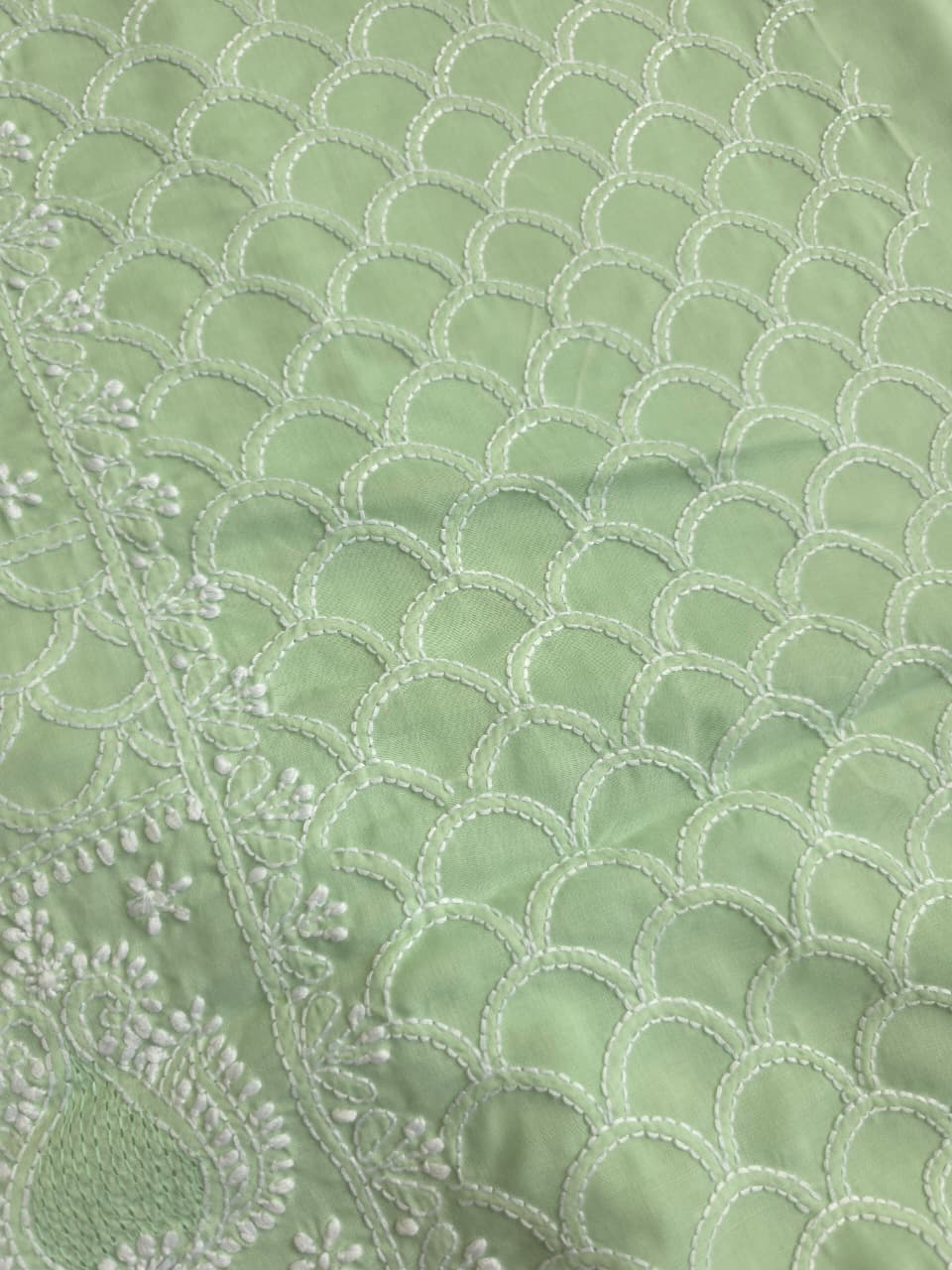 Sage Green Cotton fine handwork full set with Chiffon dupatta