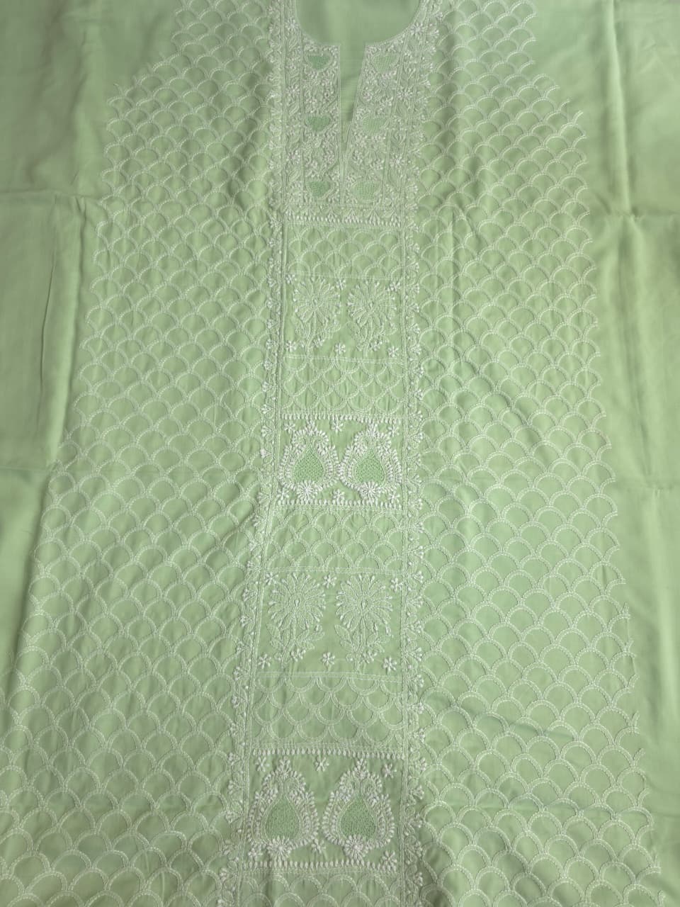 Sage Green Cotton fine handwork full set with Chiffon dupatta