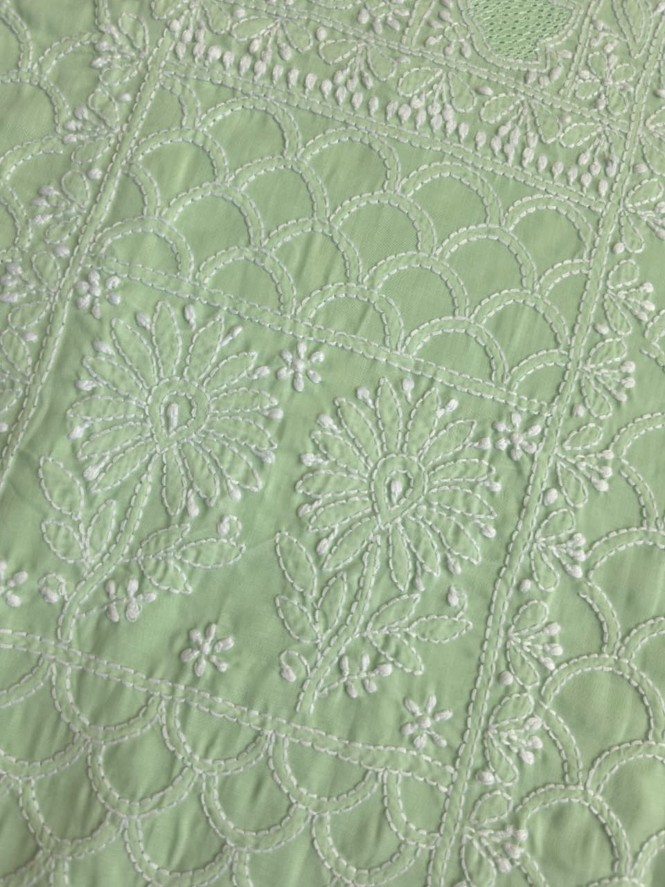 Sage Green Cotton fine handwork full set with Chiffon dupatta