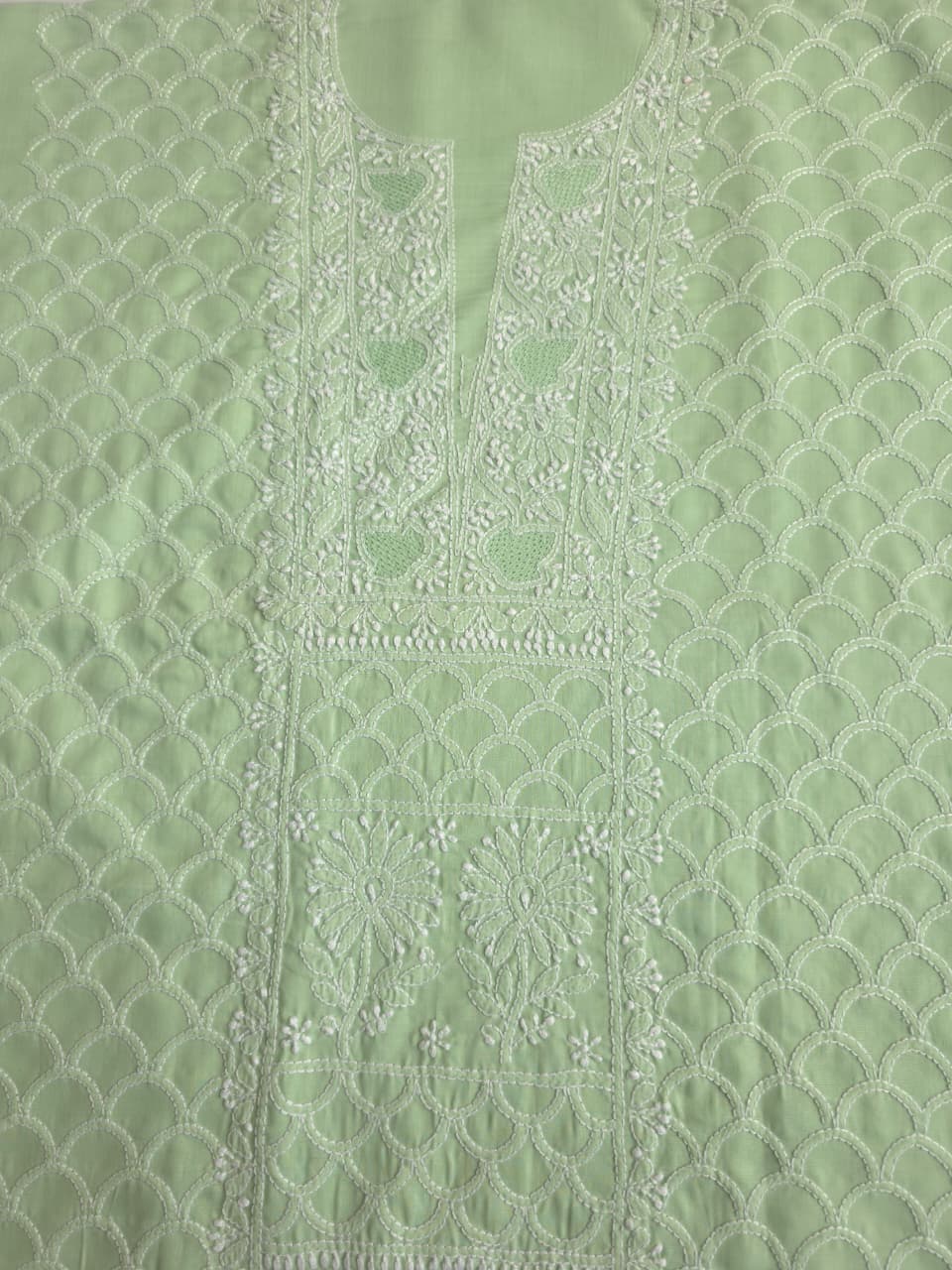 Sage Green Cotton fine handwork full set with Chiffon dupatta