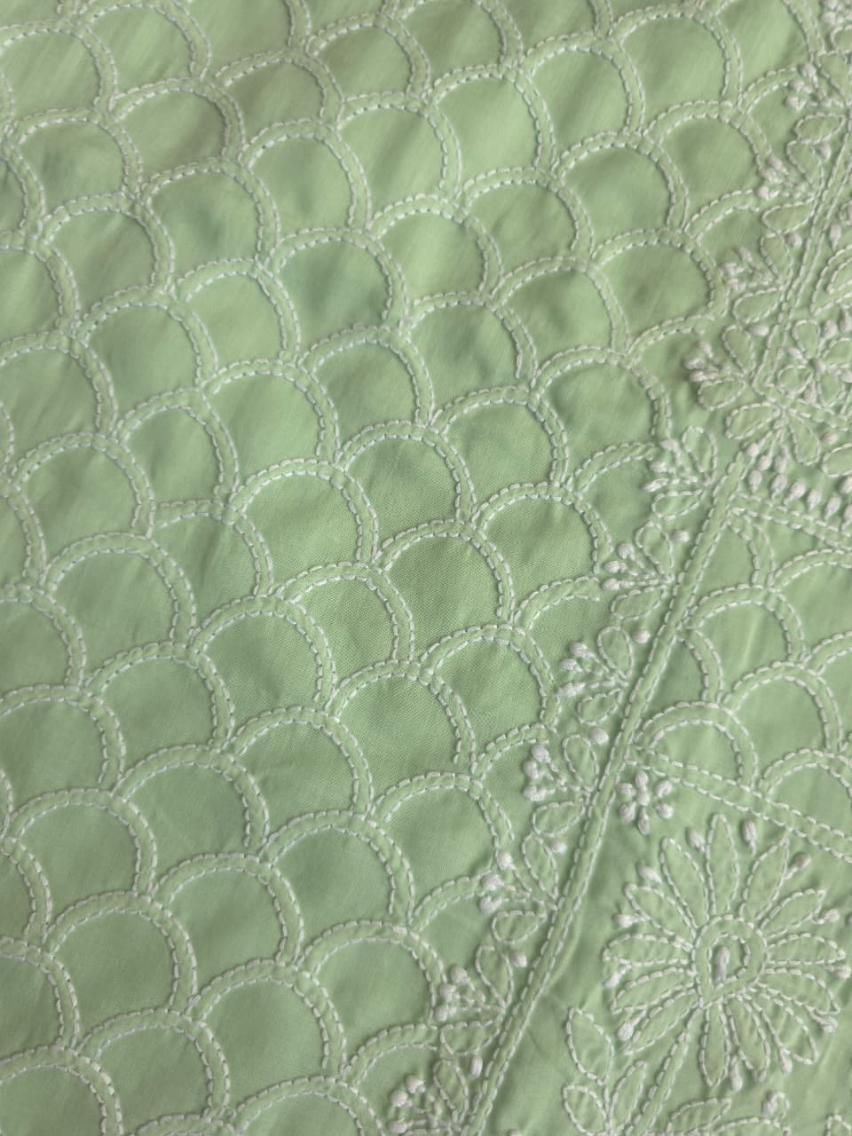 Sage Green Cotton fine handwork full set with Chiffon dupatta