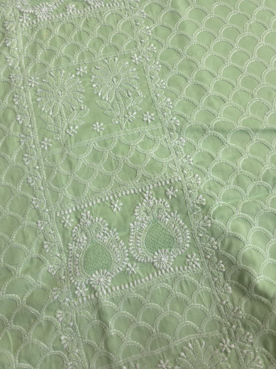 Sage Green Cotton fine handwork full set with Chiffon dupatta