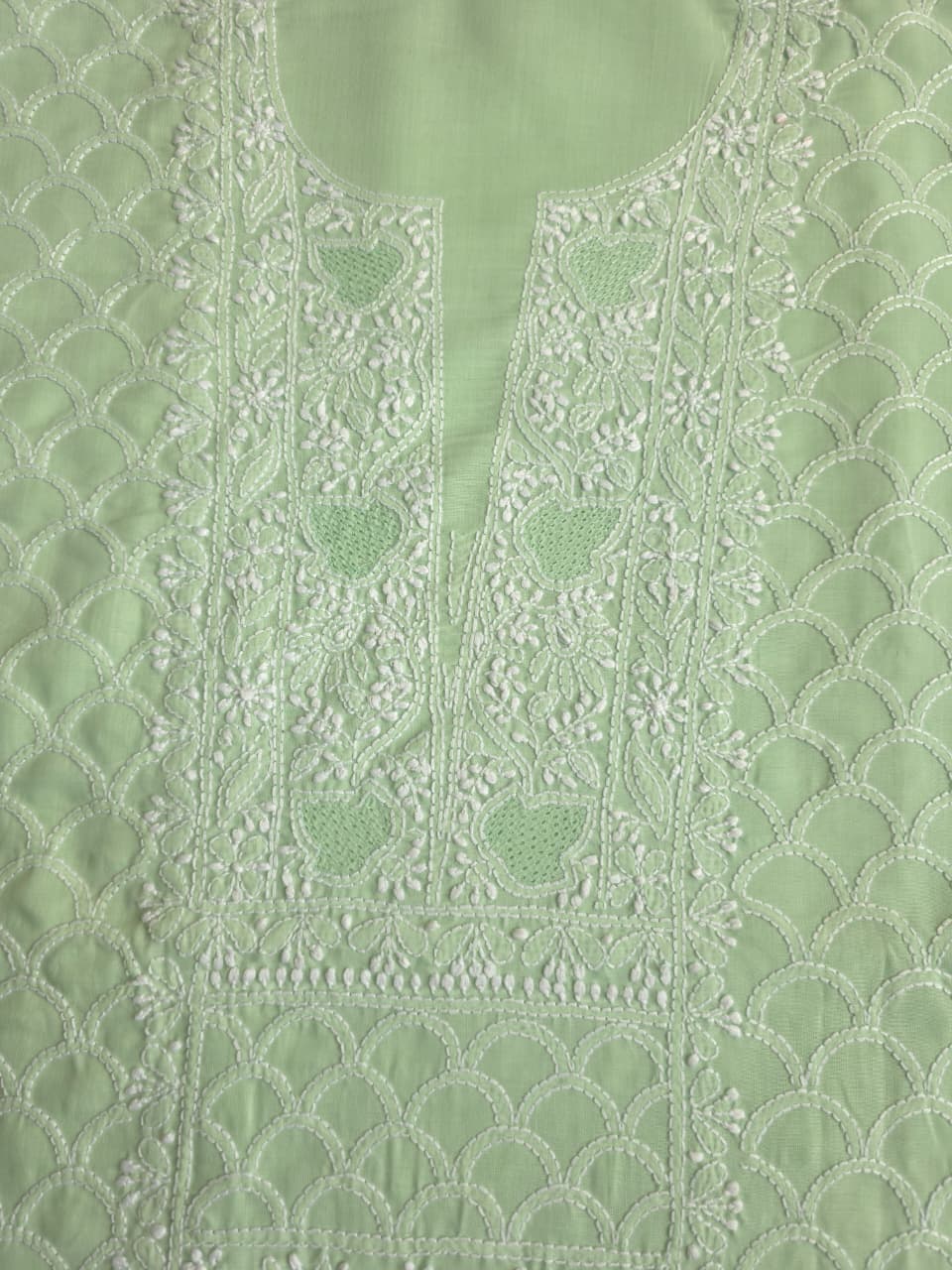 Sage Green Cotton fine handwork full set with Chiffon dupatta
