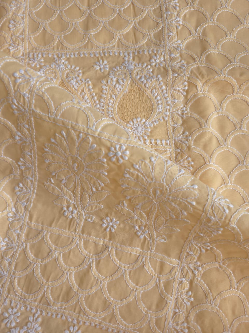Beige cotton fine handwork full set with chiffon dupatta