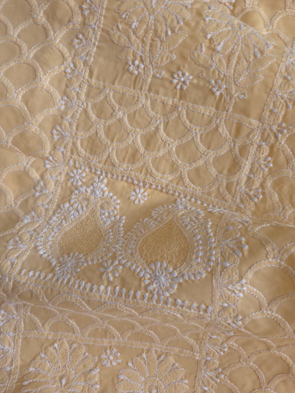 Beige cotton fine handwork full set with chiffon dupatta