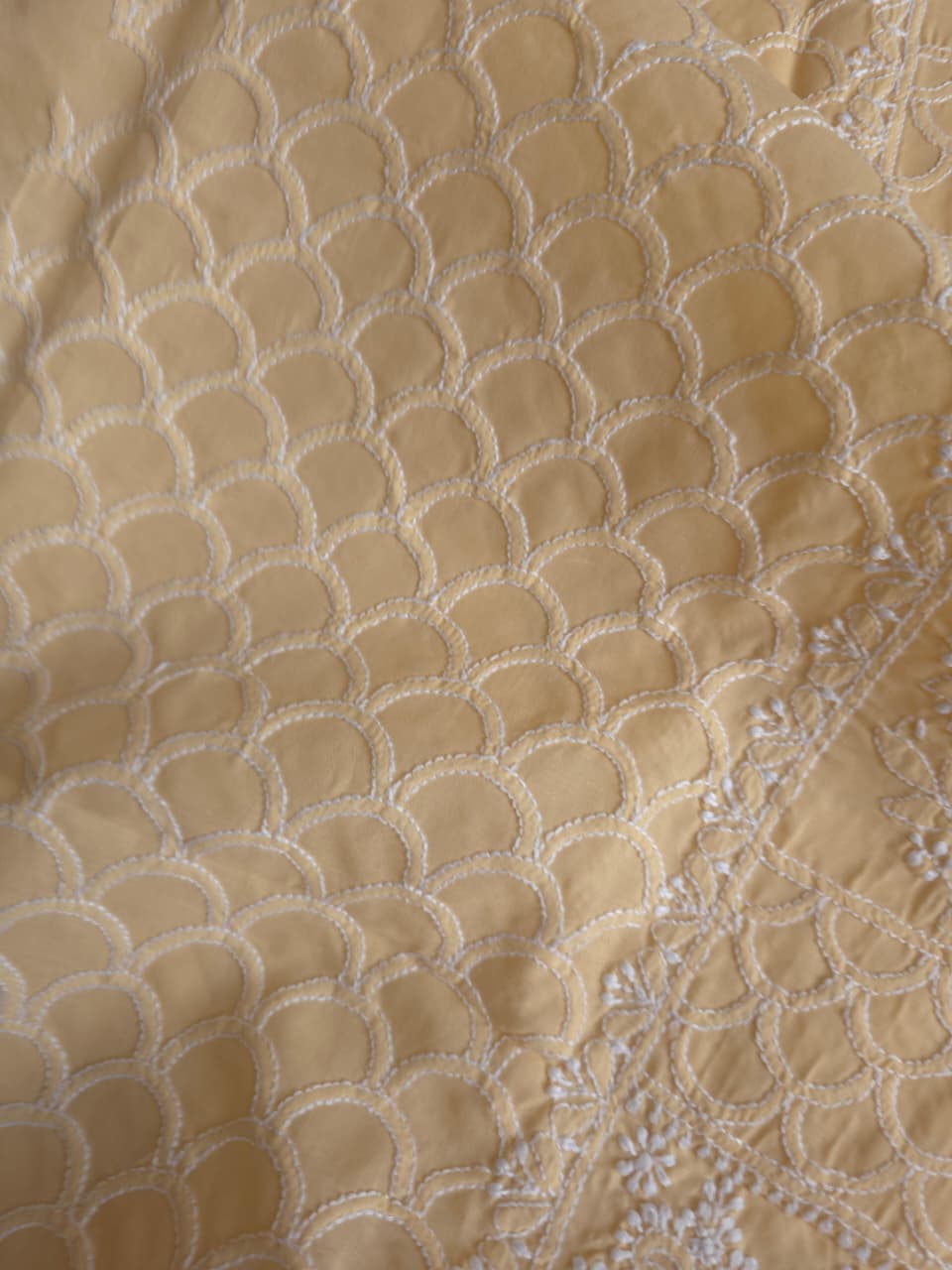 Beige cotton fine handwork full set with chiffon dupatta