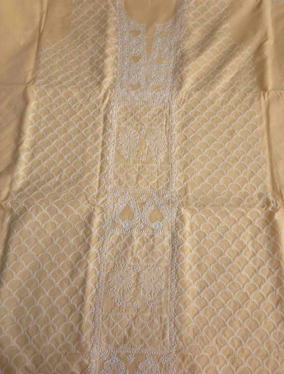 Beige cotton fine handwork full set with chiffon dupatta