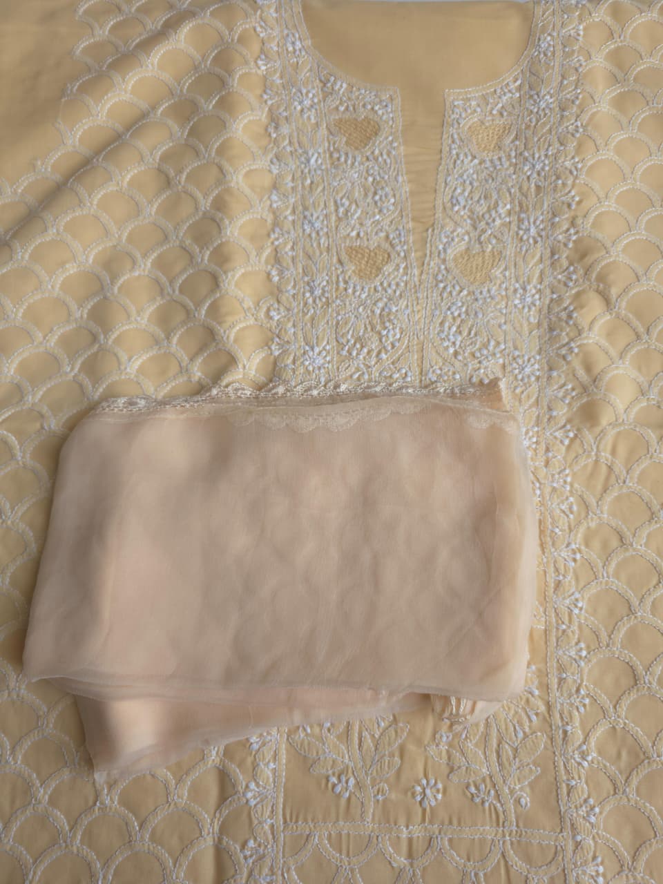 Beige cotton fine handwork full set with chiffon dupatta