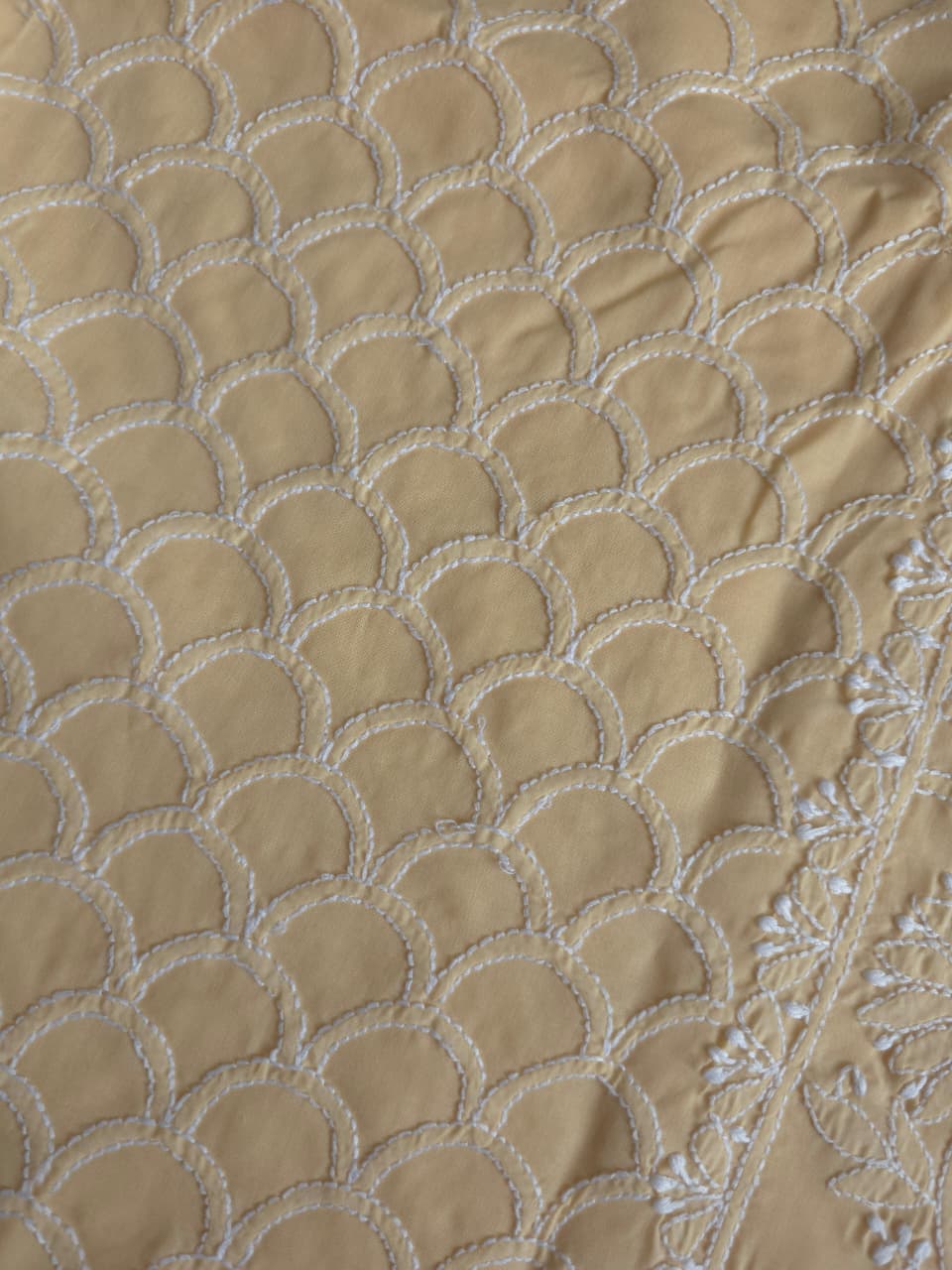 Beige cotton fine handwork full set with chiffon dupatta