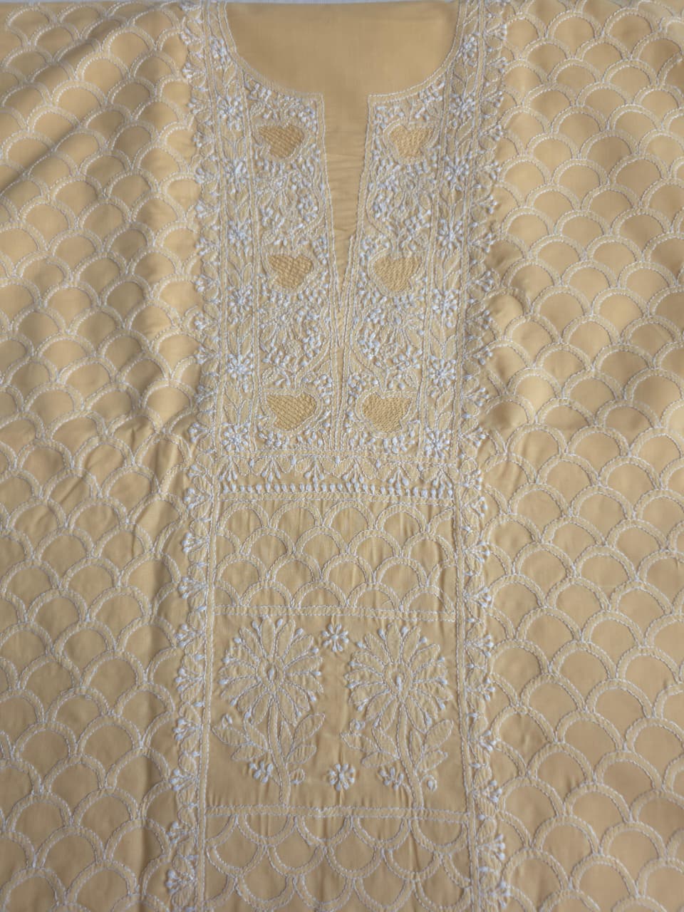 Beige cotton fine handwork full set with chiffon dupatta