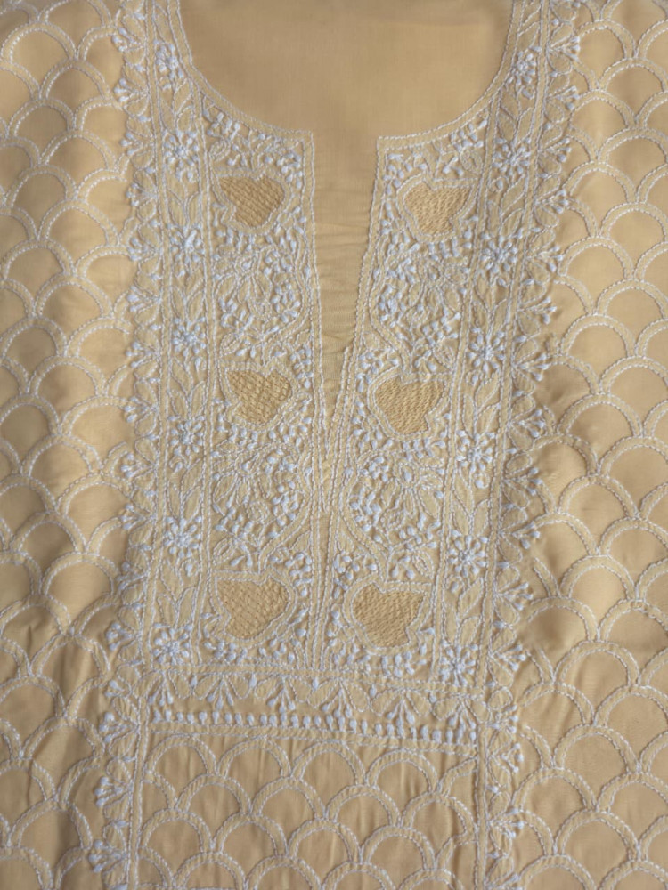 Image of Beige cotton fine handwork full set with chiffon dupatta