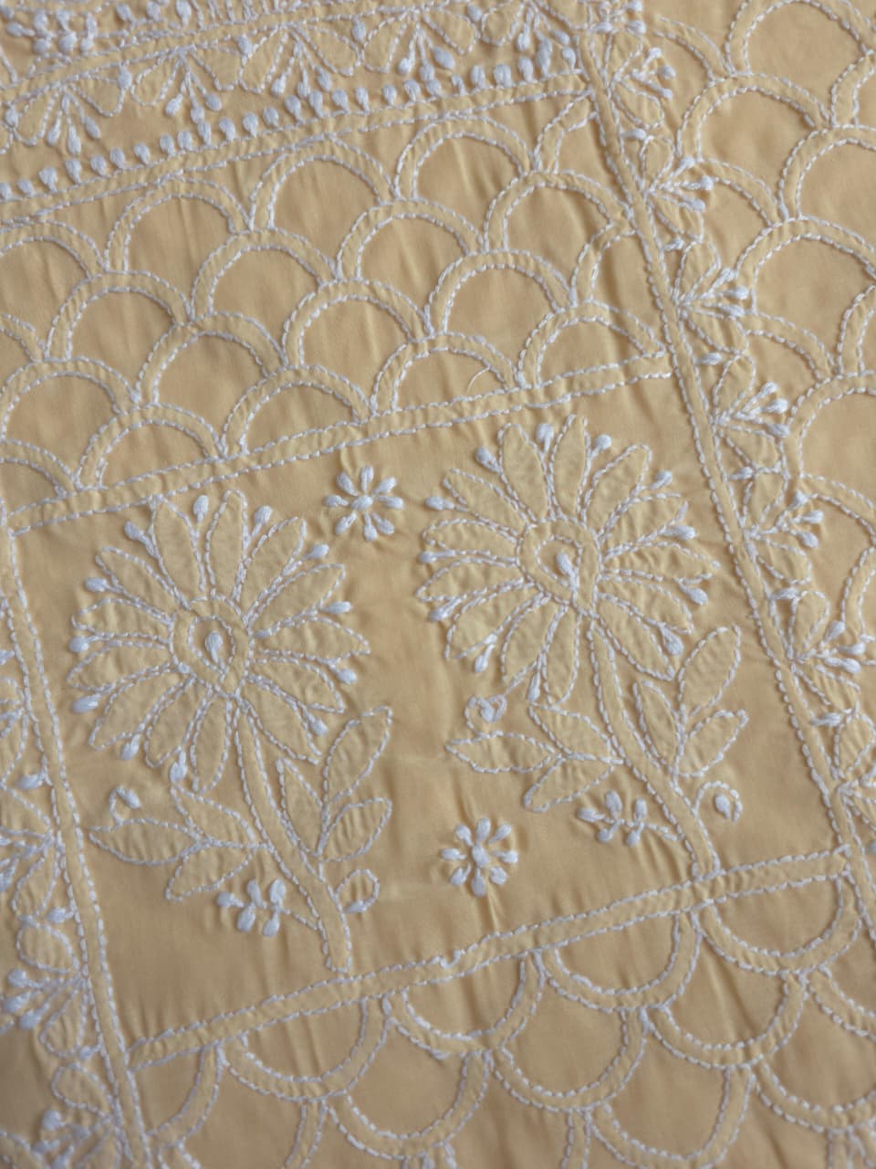 Beige cotton fine handwork full set with chiffon dupatta