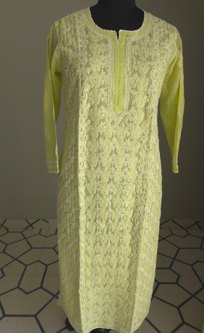 Lime Green Cotton Hand embroidered kurta