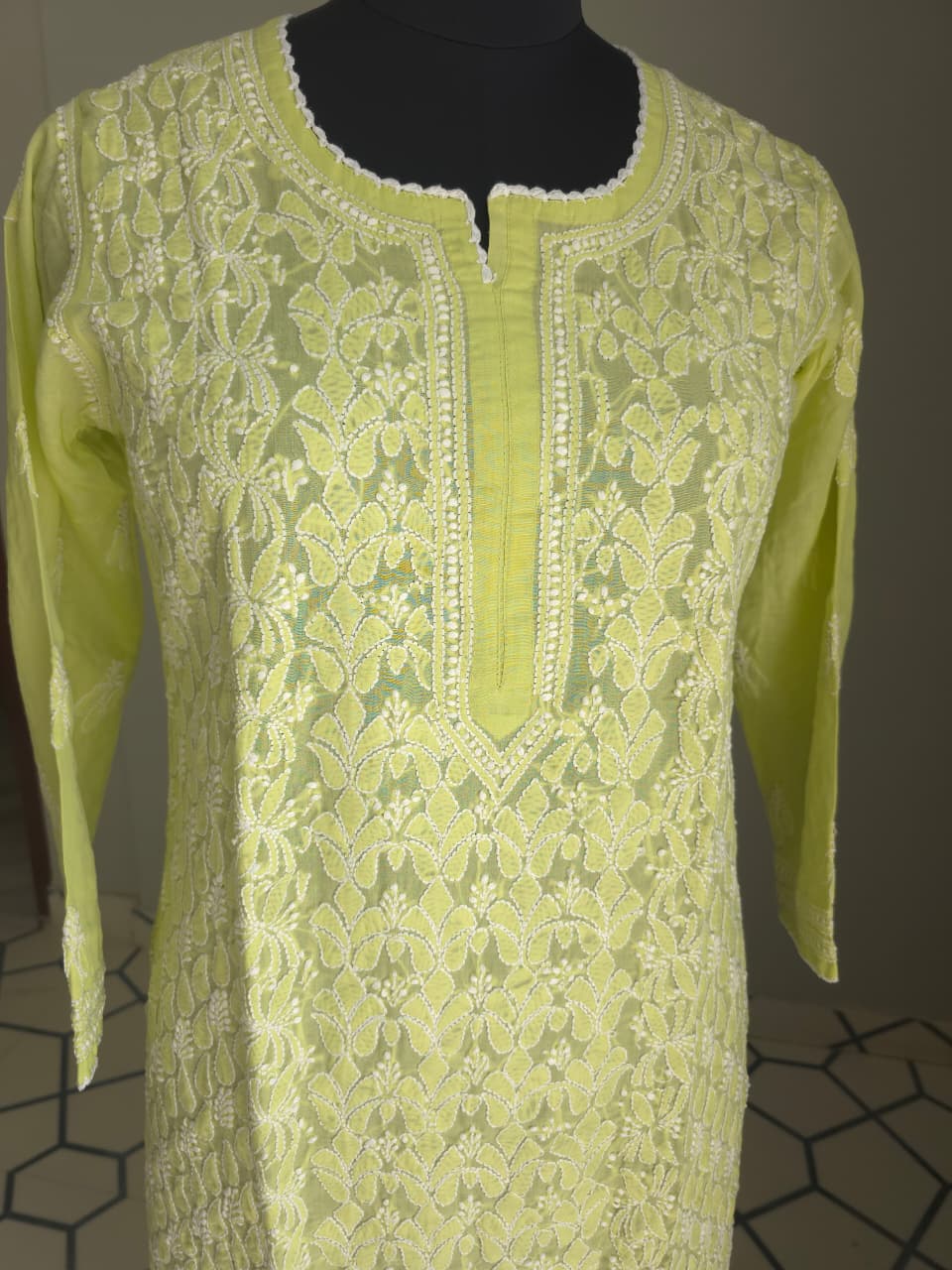 Lime Green Cotton Hand embroidered kurta