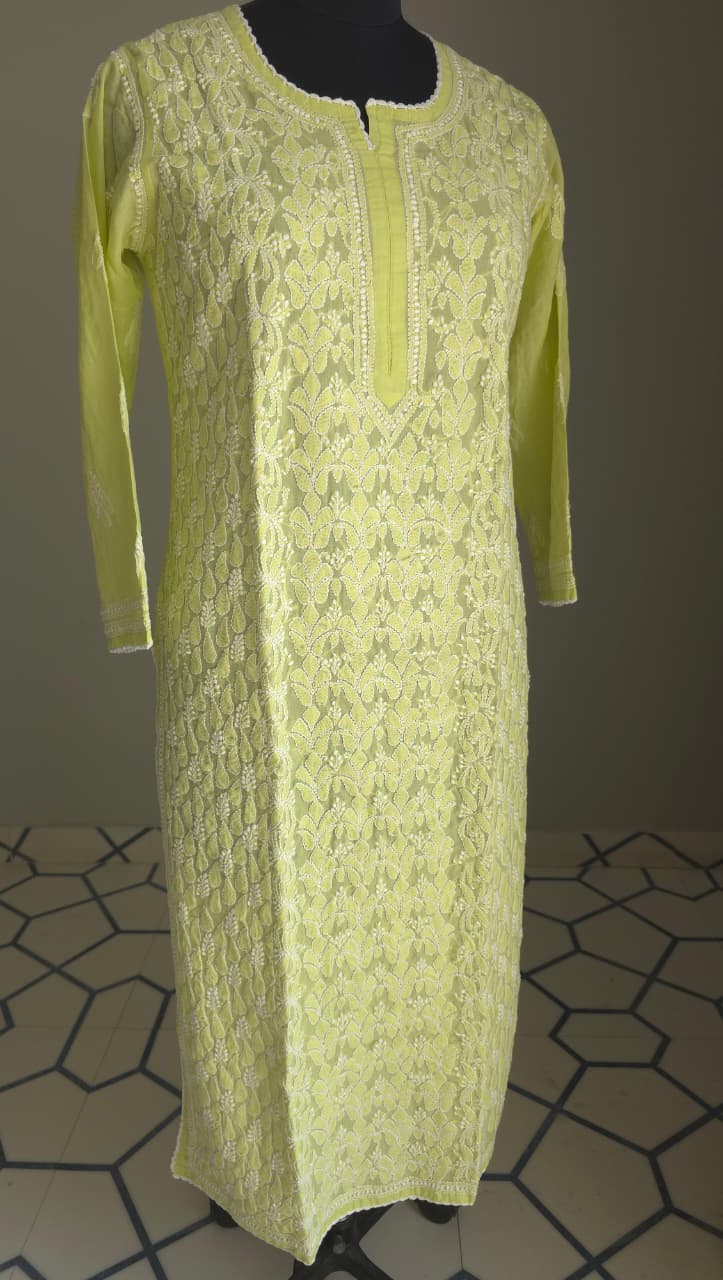 Lime Green Cotton Hand embroidered kurta