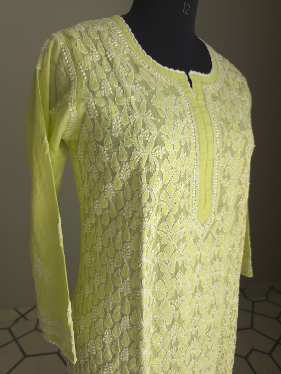 Lime Green Cotton Hand embroidered kurta
