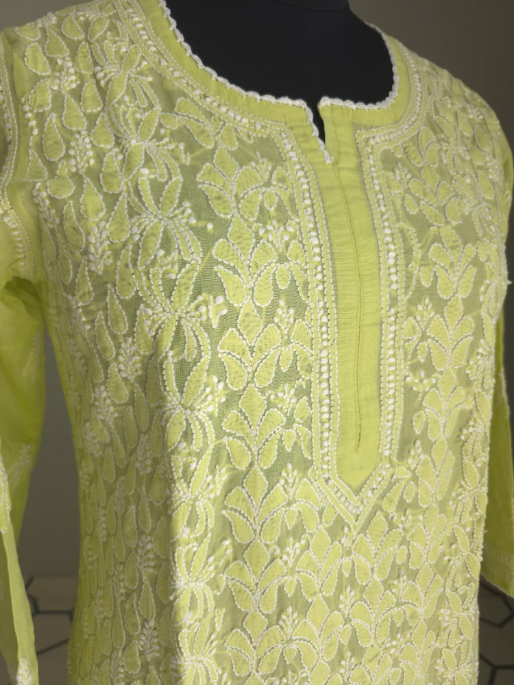 Image of Lime Green Cotton Hand embroidered kurta