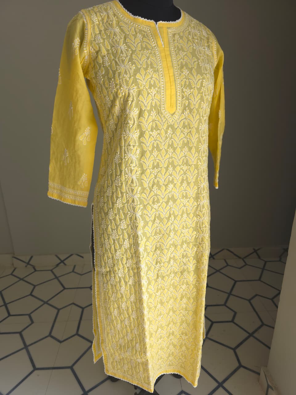 Mango Yellow hand embroidered Kurti