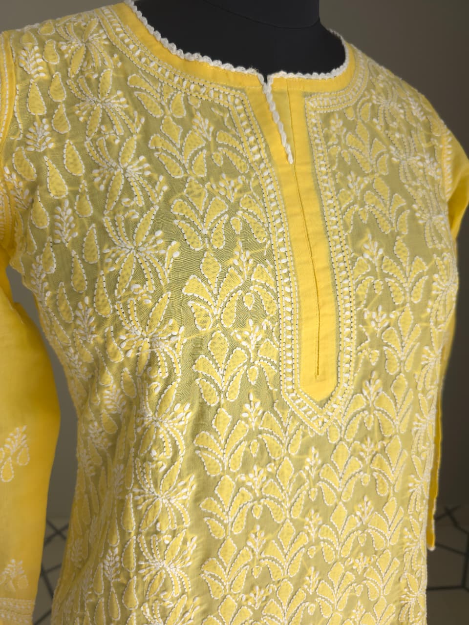 Mango Yellow hand embroidered  Kurti